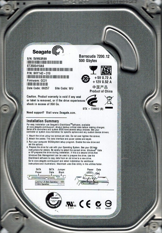 Seagate ST3500410AS P/N: 9HY142-310 F/W: CC31 500GB WU