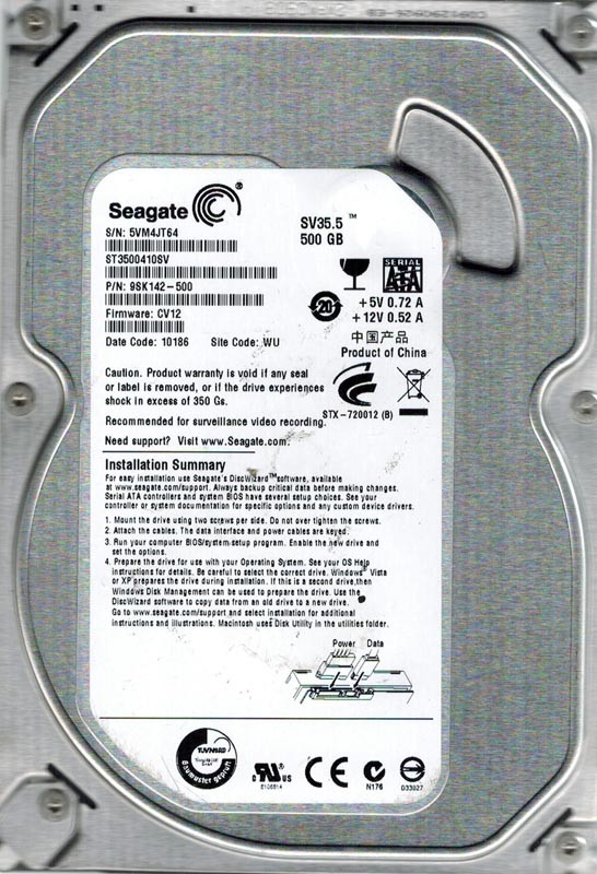 Seagate ST3500410SV P/N: 9SK142-500 500GB F/W: CV12 WU