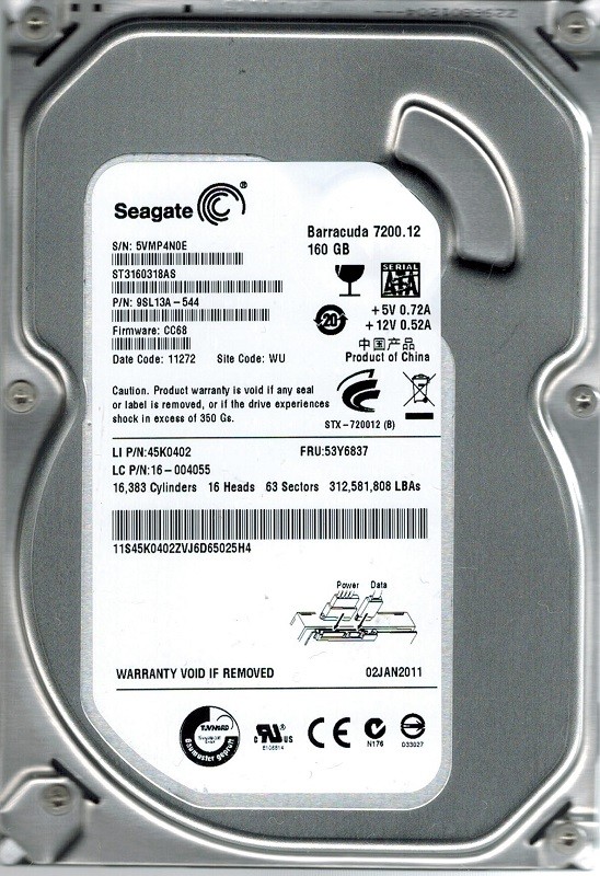 Seagate ST3160318AS P/N: 9SL13A-544 F/W: CC68 160GB WU