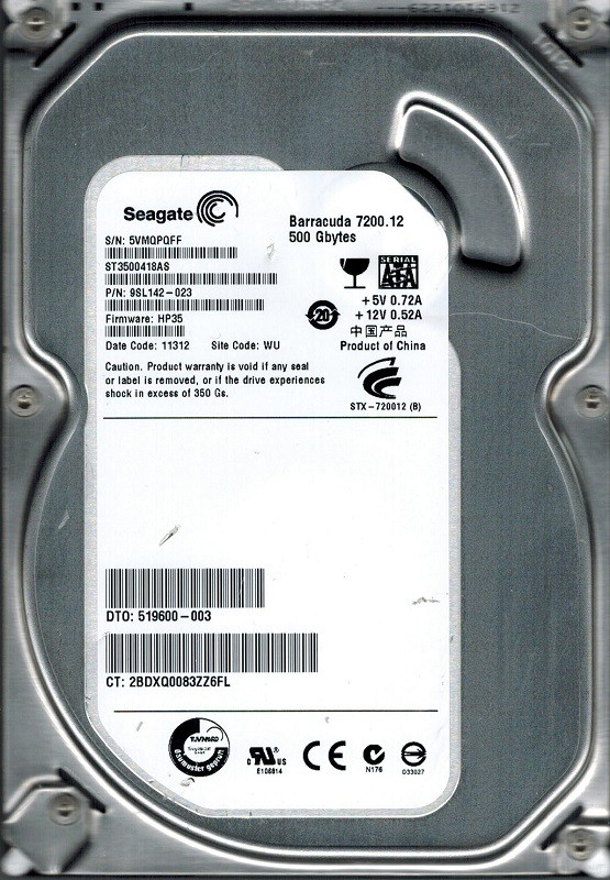 Seagate ST3500418AS P/N: 9SL142-023 F/W: HP35 500GB WU