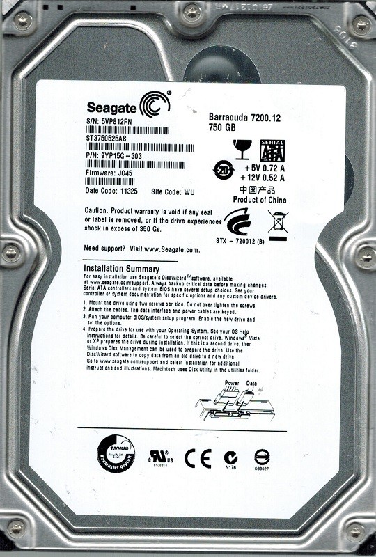 Seagate ST3750525AS P/N: 9YP15G-303 F/W: JC45 WU 750GB