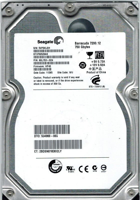 Seagate ST3750528AS P/N: 9SL153-024 750GB F/W: HP40 WU