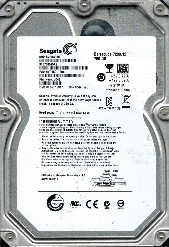Seagate ST3750525AS P/N: 9YP15G-304 F/W: JC4B 750GB WU