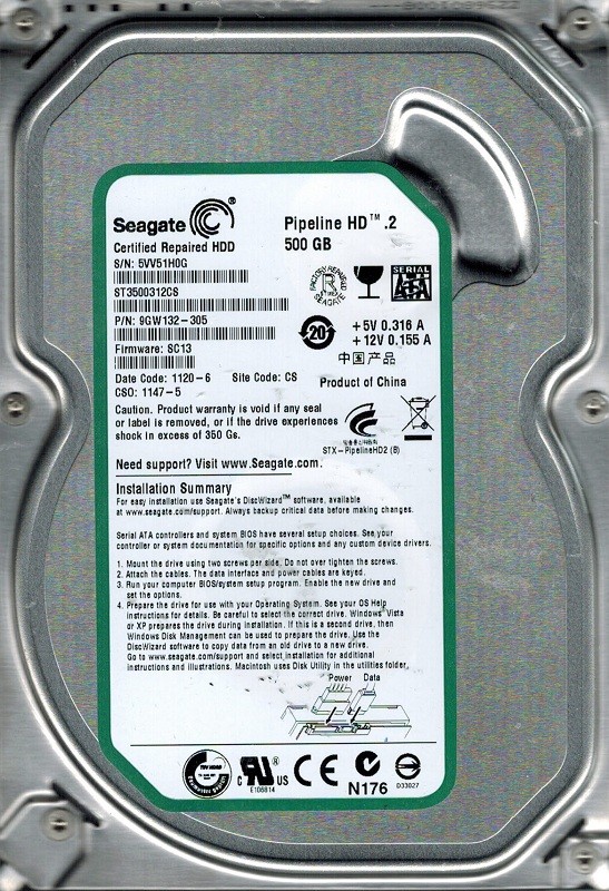 Seagate ST3500312CS P/N: 9GW132-305 F/W: SC13 CS 500GB