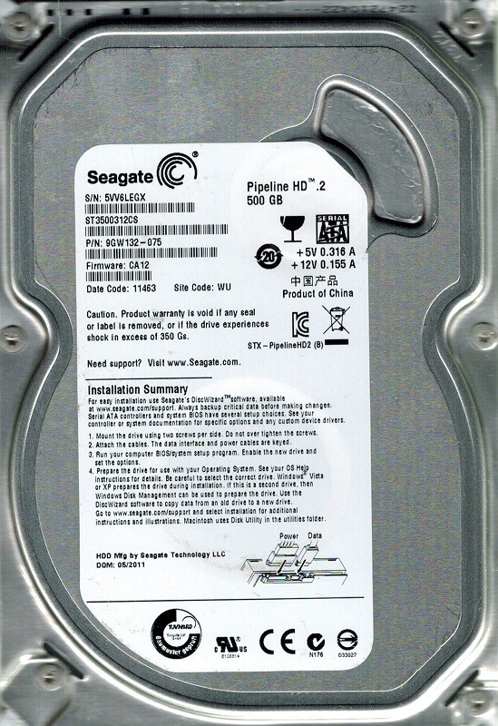 Seagate ST3500312CS 500GB P/N: 9GW132-075 F/W: CA12 WU