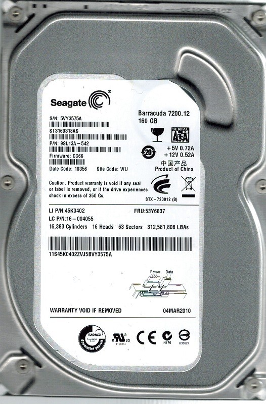 Seagate ST3160318AS P/N: 9SL13A-542 F/W: CC66 160GB WU
