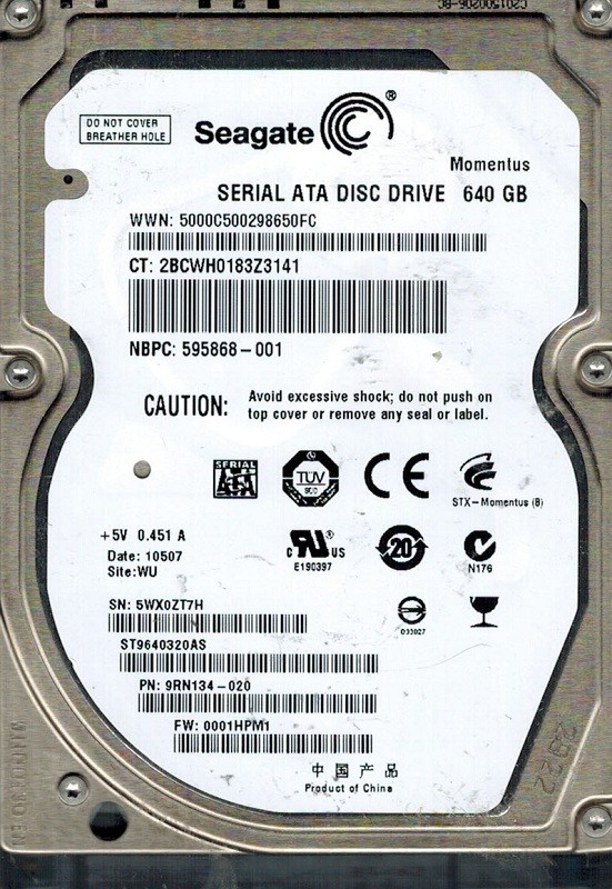 Seagate ST9640320AS P/N: 9RN134-020 F/W: 0001HPM1 WU 640GB