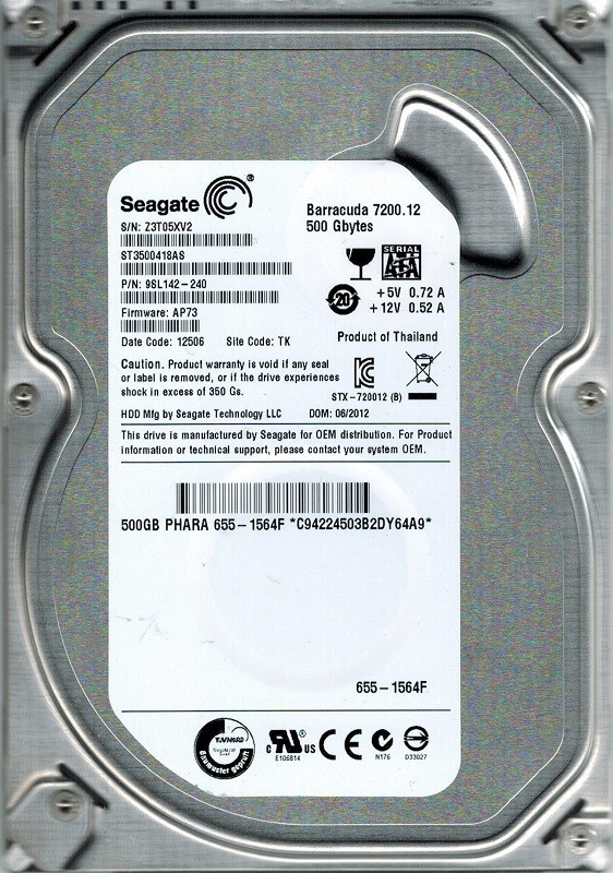 Seagate ST3500418AS P/N: 9SL142-240 F/W: AP73 500GB TK MAC 655-1564F
