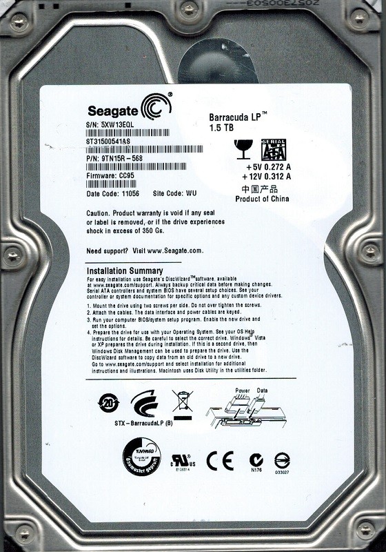 Seagate ST31500541AS P/N: 9TN15R-568 F/W: CC95 WU 1.5TB