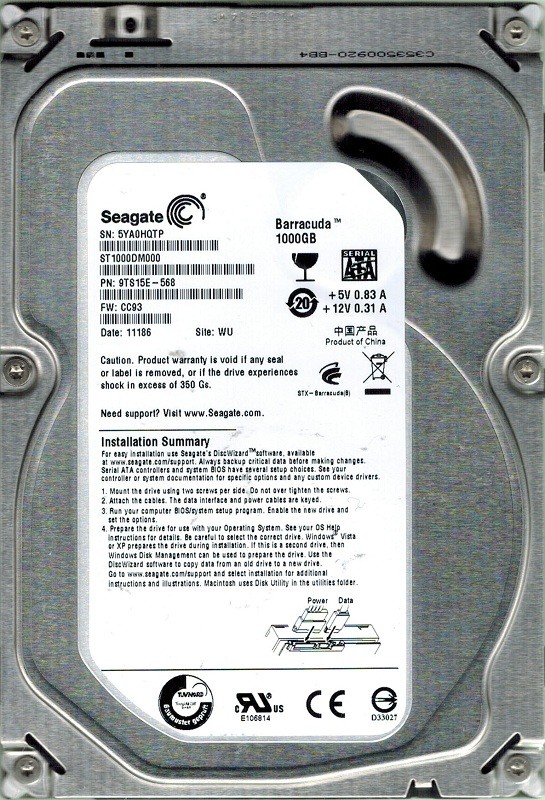 Seagate ST1000DM000 P/N: 9TS15E-568 1TB F/W: CC93 WU