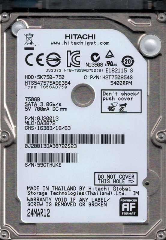 HTS547575A9E384 P/N: 0J20013 MLC: DA3872 Thailand Hitachi 750GB