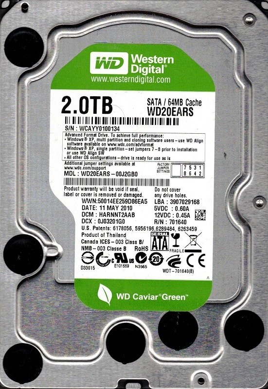 WD20EARS-00J2GB0 DCM: HARNNT2AAB WCAYY Western Digital 2TB
