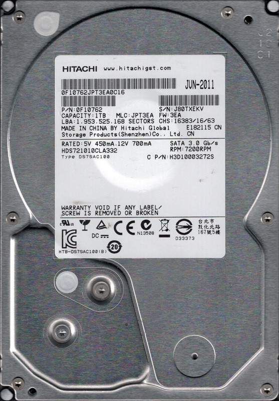 Hitachi HDS721010CLA332 P/N: 0F10762 MLC: JPT3EA 1TB