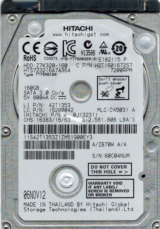 Hitachi HTS723216A7A364 P/N: 0J13231 MLC: DA5031 160GB