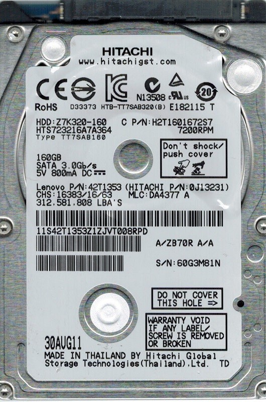 HTS723216A7A364 Hitachi MLC: DA4377 P/N: 0J13231 160GB