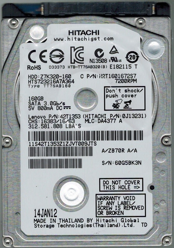 Hitachi HTS723216A7A364 P/N: 0J13231 MLC: DA4377 160GB