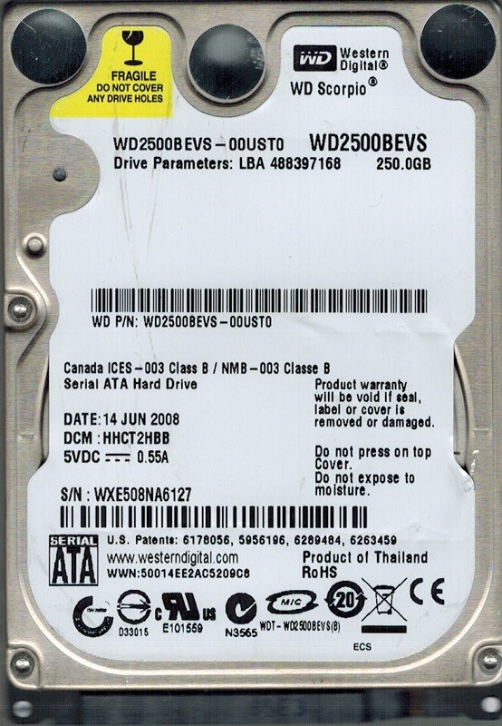 WD2500BEVS-00UST0 Western Digital 250GB DCM: HHCT2HBB