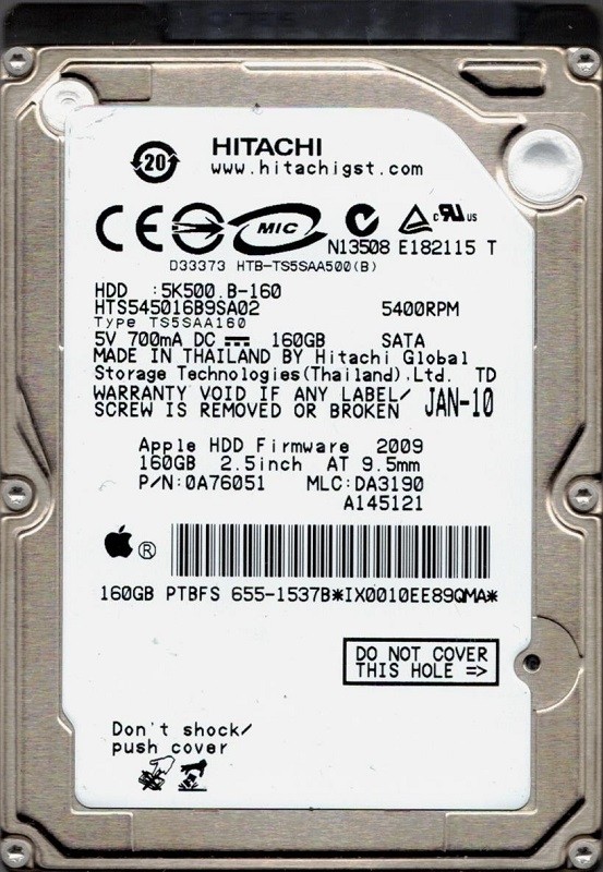 Hitachi HTS545016B9SA02 P/N: 0A76051 MAC MLC: DA3190 160GB MAC 655-1537B