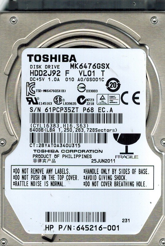 Toshiba MK6476GSX HDD2J92 F VL01 T PHILIPPINES 640GB