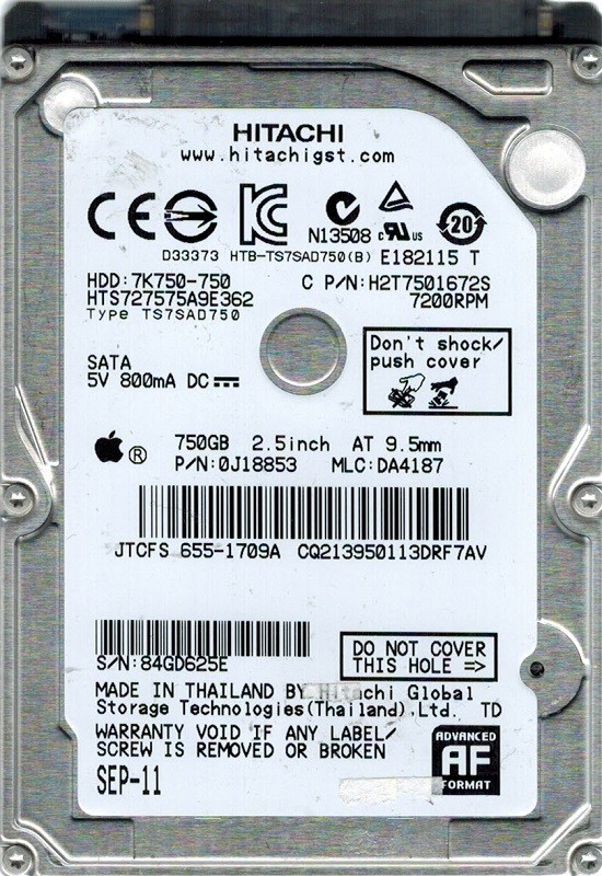 Hitachi HTS727575A9E362 P/N: 0J18853 MLC: DA4187 MAC 655-1709A 