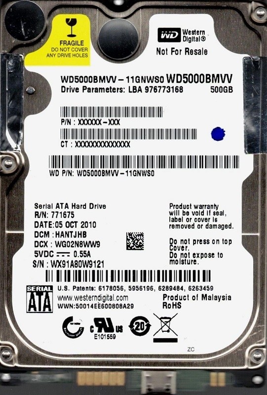 Western Digital WD5000BMVV-11GNWS0 500GB USB 2.0 DCM: HANTJHB