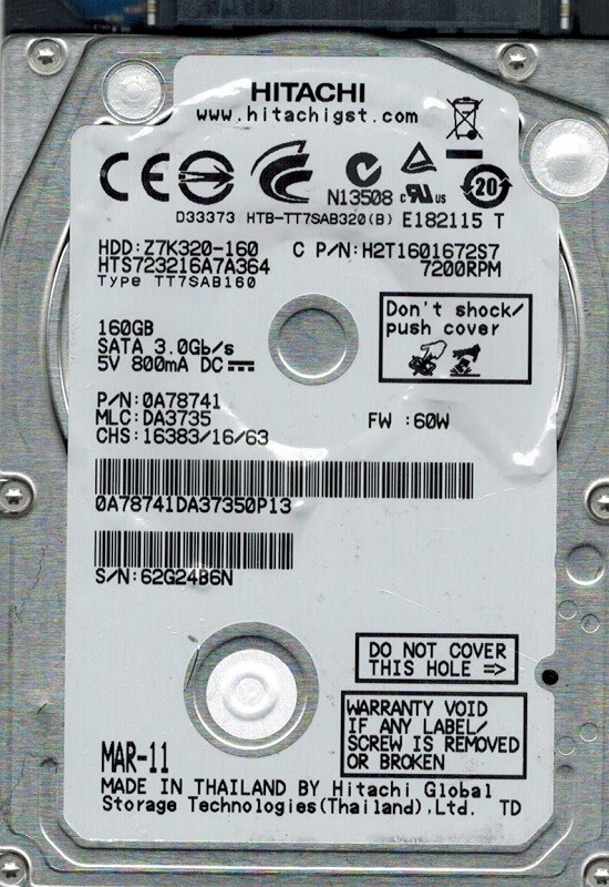 Hitachi HTS723216A7A364 P/N: 0A78741 160GB MLC: DA3735