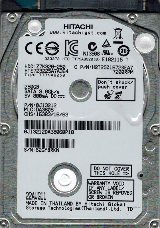 Hitachi HTE723225A7A364 MLC: DA3806 P/N: 0J13212 250GB