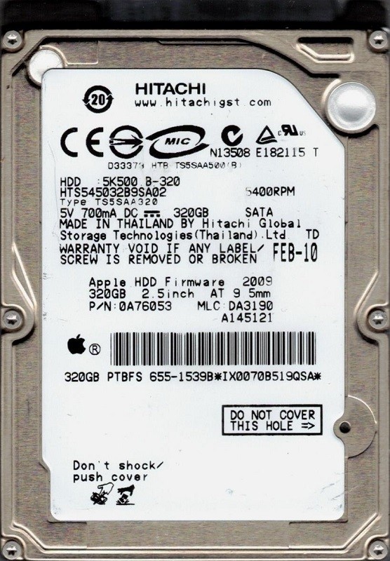 Hitachi HTS545032B9SA02 P/N: 0A76053 MLC: DA3190 MAC 655-1539B 320GB 
