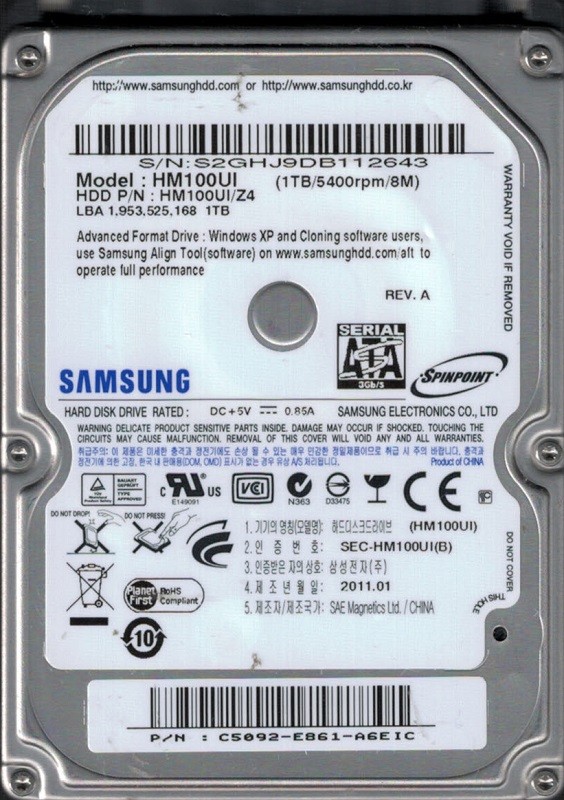 Samsung HM100UI/Z4 SPINPOINT 1TB P/N: C5092-E861-A6EIC