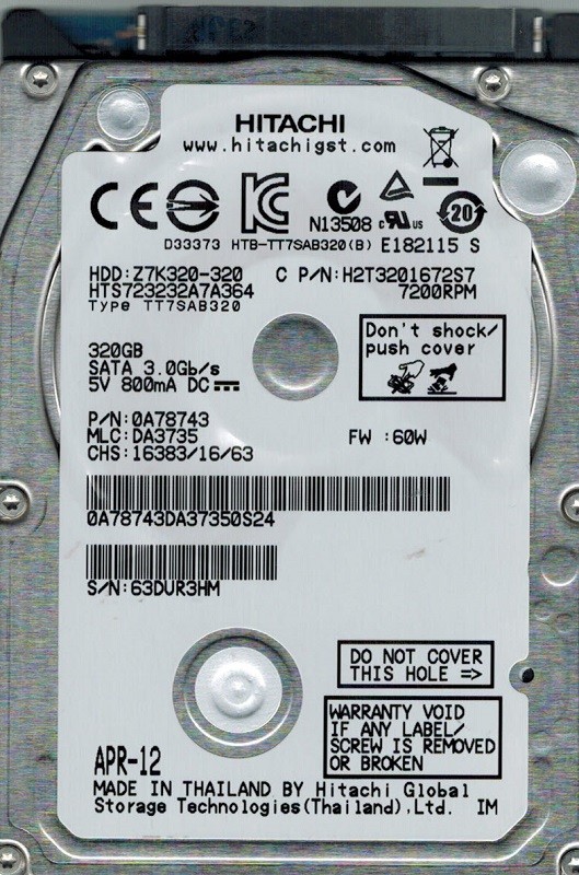 Hitachi HTS723232A7A364 320GB P/N: 0A78743 MLC: DA3735