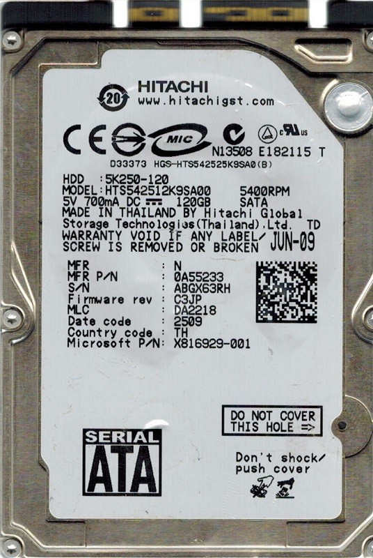 Hitachi HTS542512K9SA00 120GB P/N: 0A55233 MLC: DA2218