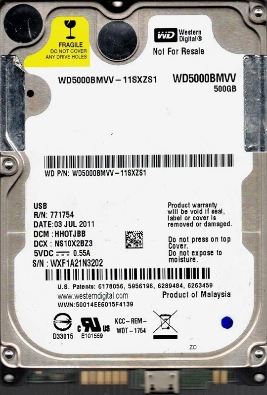 Western Digital WD5000BMVV-11SXZS1 USB 2.0 500GB DCM: HHOTJBB