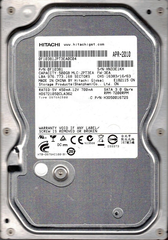 Hitachi HDS721050CLA362 P/N: 0F10381 MLC: JPT3EA 500GB