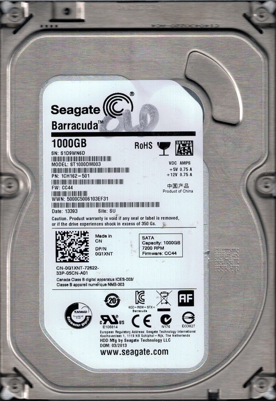 ST1000DM003 P/N: 1CH162-501 F/W: CC44 SU S1D Seagate 1TB Desktop Hard Drive