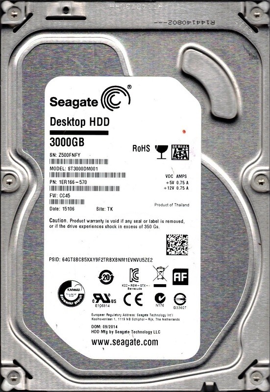 ST3000DM001 P/N: 1ER166-570 F/W: CC45 TK Z50 Seagate 3TB