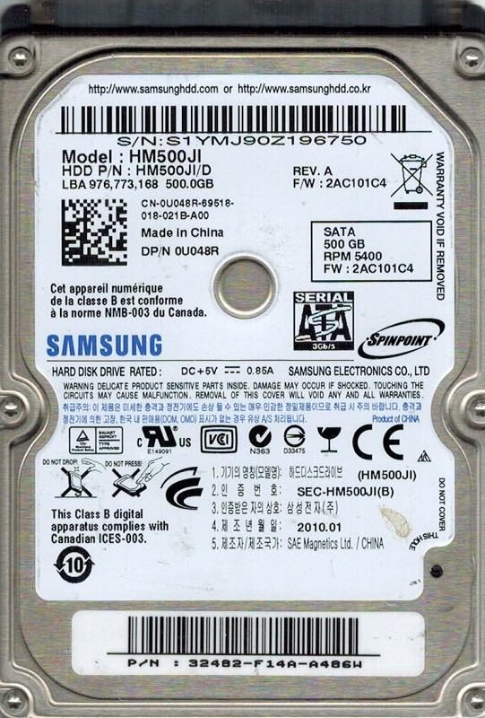 Samsung HM500JI/D 500GB P/N: 32482-F14A-A486W F/W: 2AC101C4