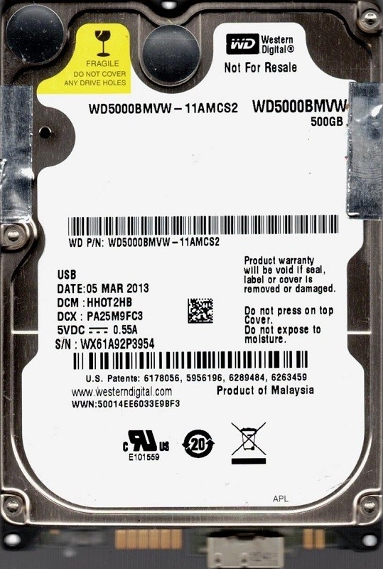 WD5000BMVW-11AMCS2 DCM: HHOT2HB WX61A Western Digital 500GB