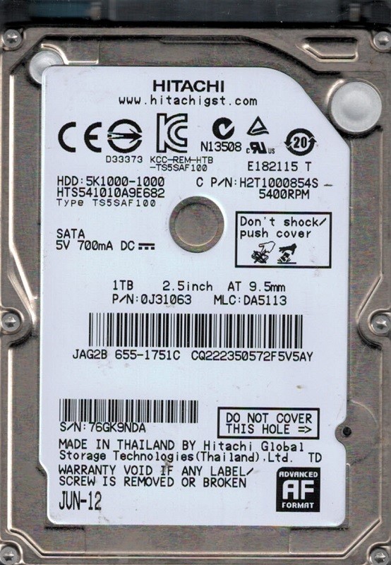 Hitachi HTS541010A9E682 P/N: 0J31063 MLC: DA5113 1TB MAC 655-1751C