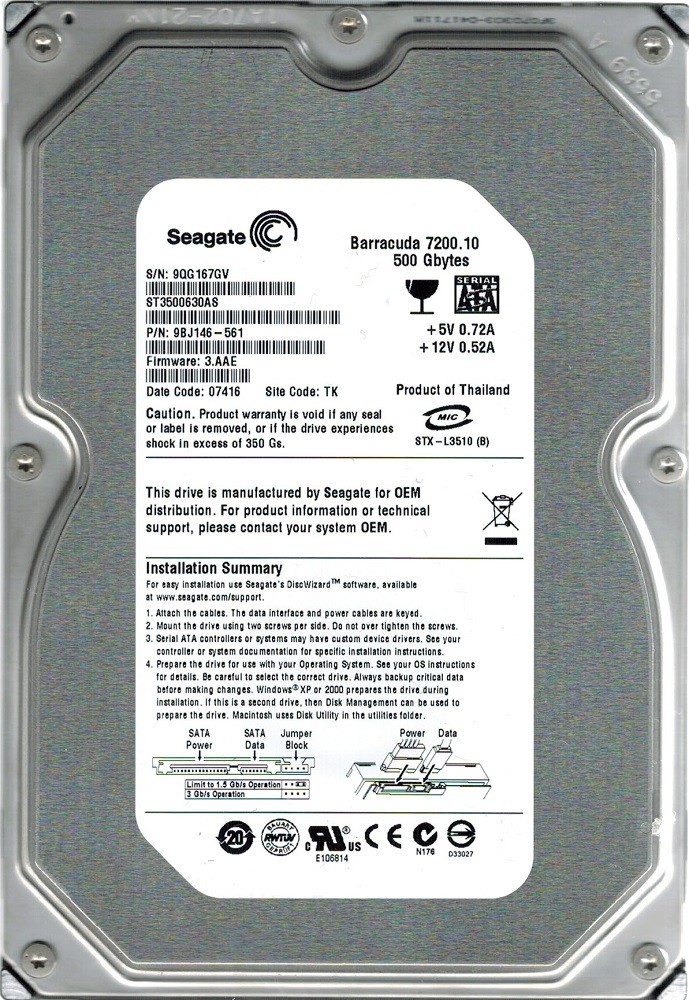 Seagate ST3500630AS F/W: 3.AAE P/N: 9BJ146-561 TK 500GB
