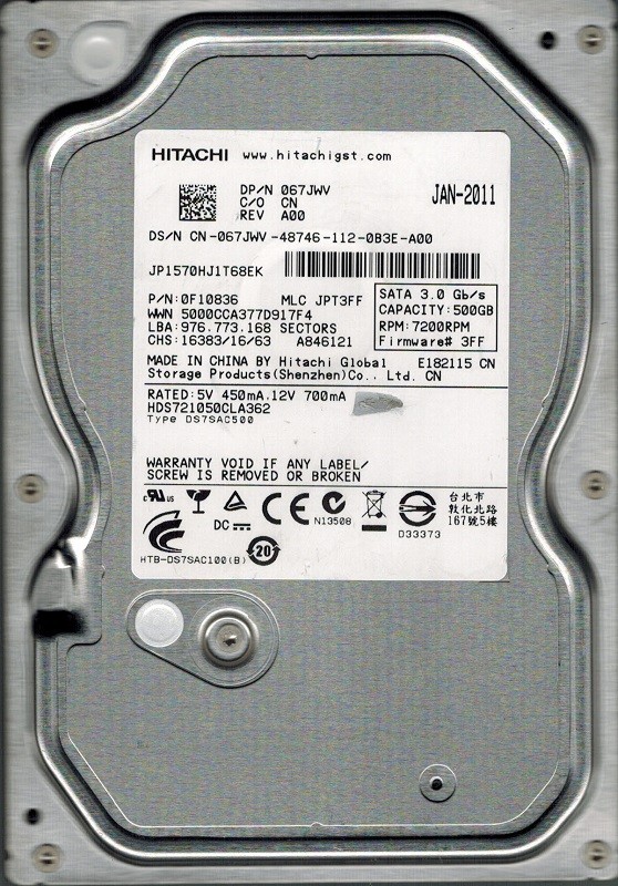 Hitachi HDS721050CLA362 P/N: 0F10836 MLC: JPT3FF 500GB