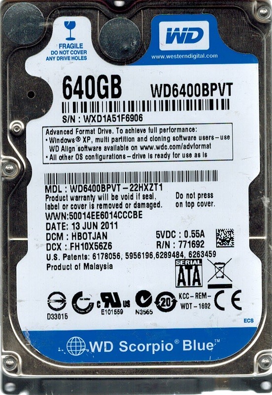 Western Digital WD6400BPVT-22HXZT1 640GB DCM: HBOTJAN