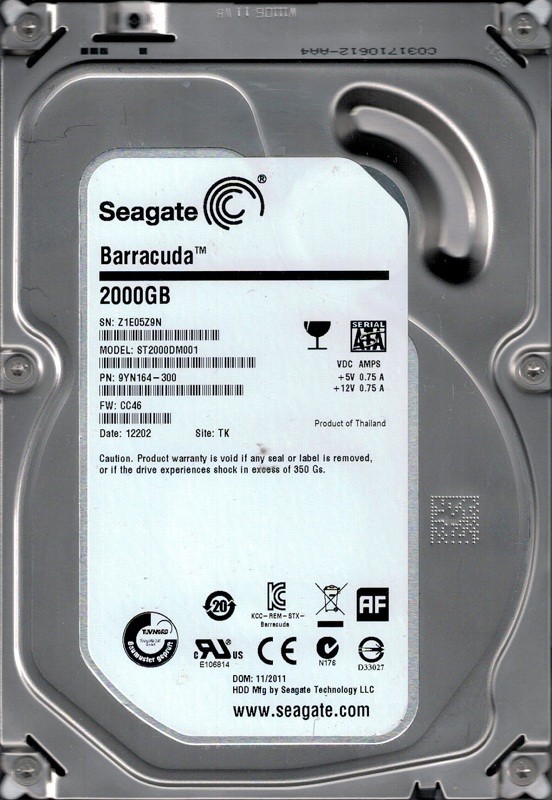 ST2000DM001 P/N: 9YN164-300 F/W: CC46 TK Z1E Seagate 2TB