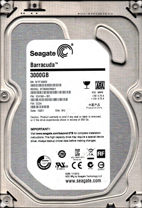 ST3000DM001 P/N: 1CH166-301 F/W: CC24 WU W1F China Seagate 3TB