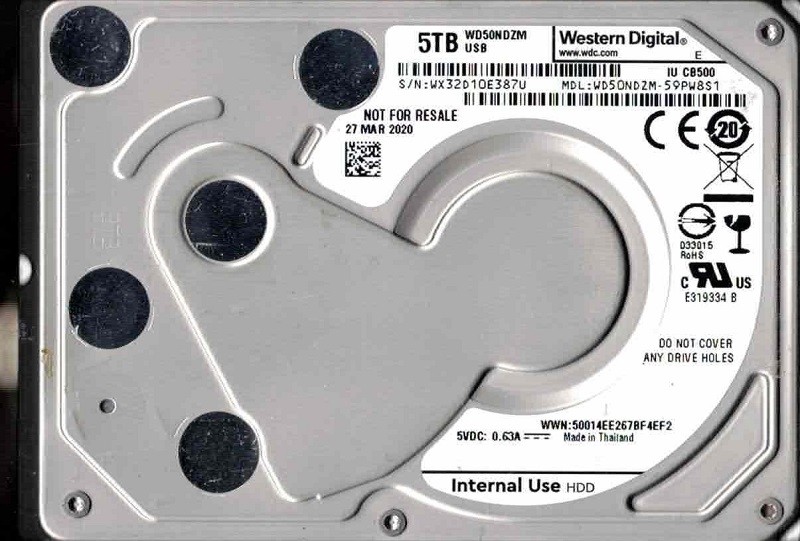 WD50NDZM-59PW8S1 WX32D MAR 2020 Thailand Western Digital 5TB USB C Hard Drive