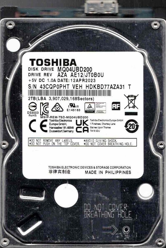 MQ04UBD200 AZA AE12/JT0B0U HDKBD77AZA31 T APR 2023 Toshiba 2TB