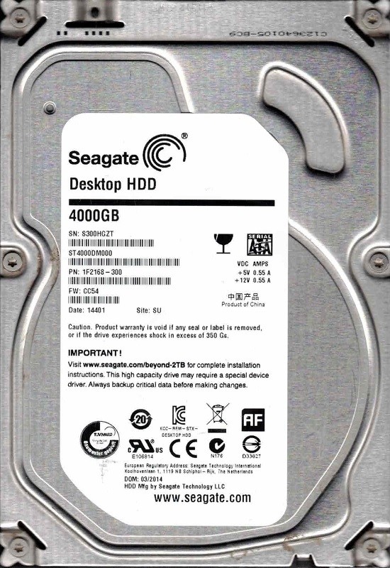 ST4000DM000 P/N: 1F2168-300 F/W: CC54 SU S300 03/2014 Seagate 4TB