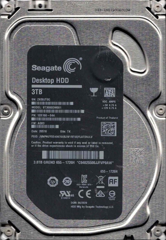 ST3000DM001 P/N: 1ER166-044 F/W: AQ03 TK ZA50 MAC 655-1726H 06/2020 Seagate 3TB
