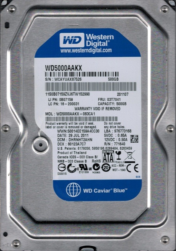 Western Digital WD5000AAKX-083CA1 500GB DCM: DHRNHT2AHN