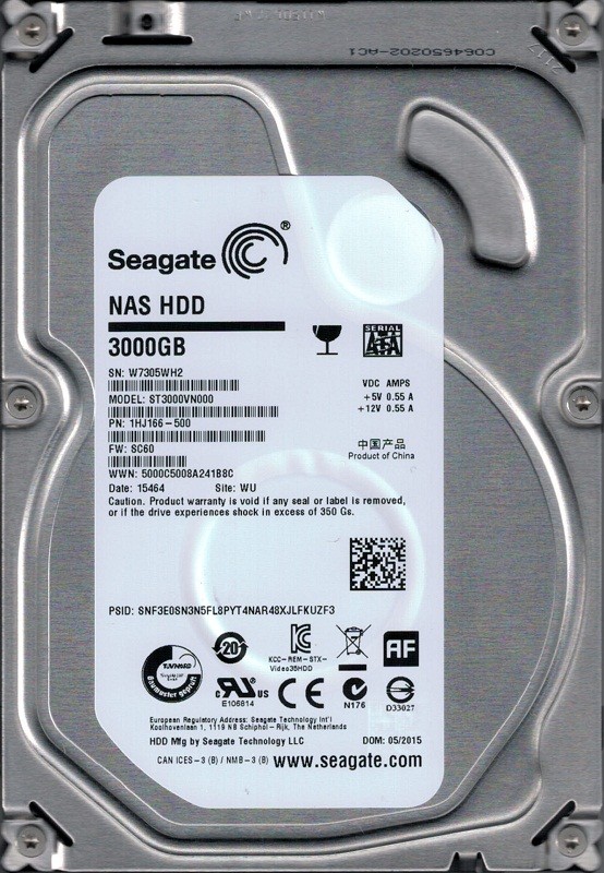 ST3000VN000 P/N: 1HJ166-500 F/W: SC60 WU W73 Seagate 3TB