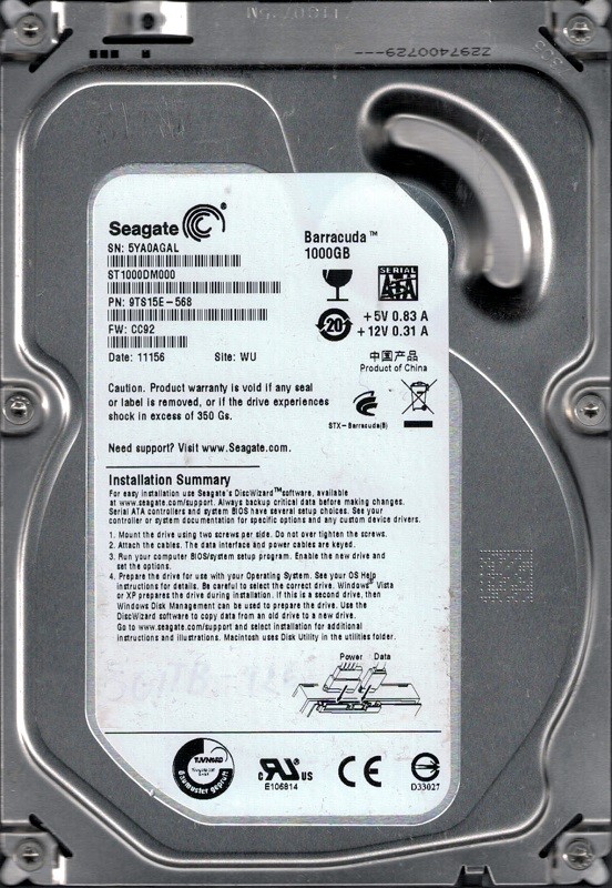 Seagate ST1000DM000 F/W: CC92 P/N: 9TS15E-568 WU 5YA 1TB